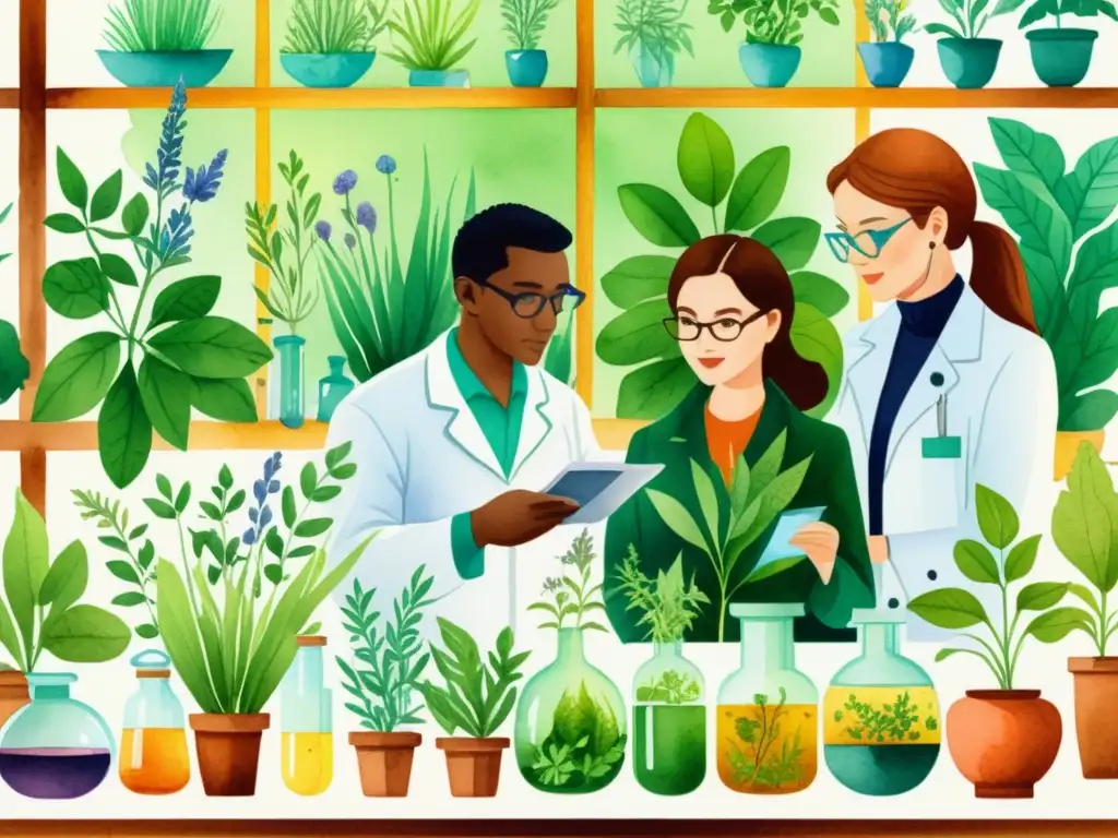 Un grupo diverso de científicos y investigadores examinan plantas medicinales, en una ilustración acuarela vibrante