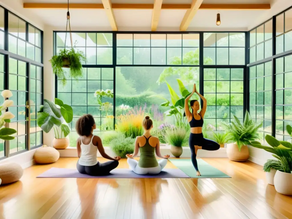 Grupo diverso practica yoga en estudio verde, integrando fitoterapia en armonía con la naturaleza