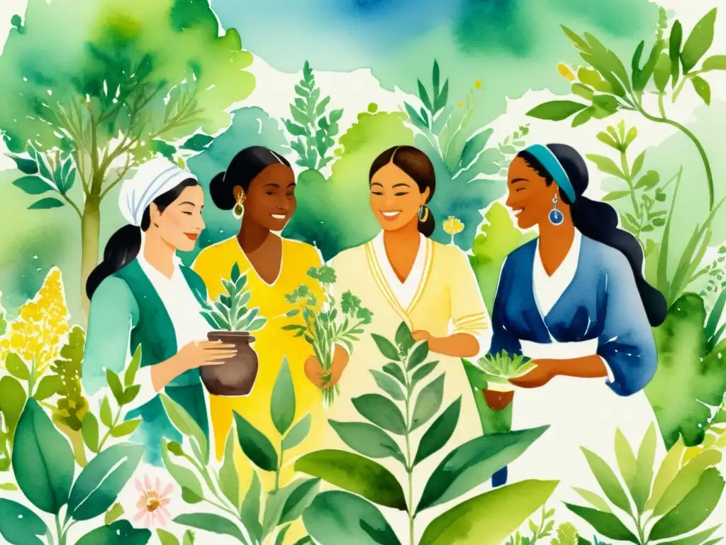 Grupo diverso de mujeres intercambiando conocimientos y conservando hierbas medicinales en un vibrante jardín