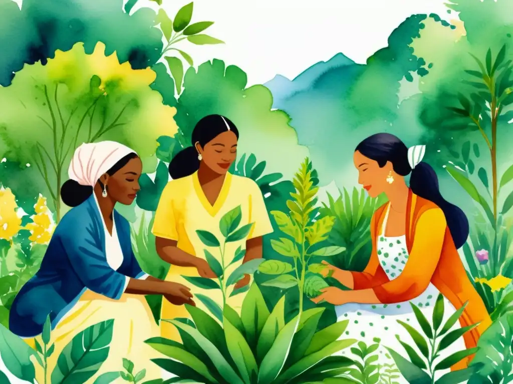 Un grupo diverso de mujeres cuida plantas medicinales en un jardín botánico, resaltando la importancia de la preservación etnobotánica por mujeres