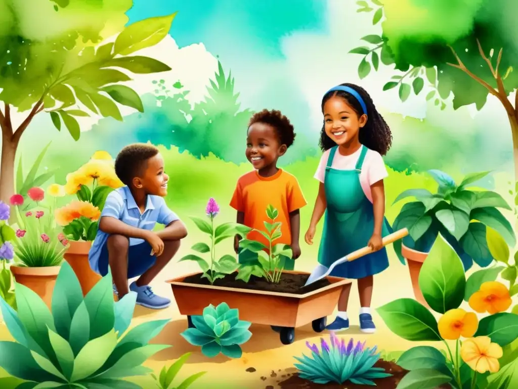 Grupo diverso de niños disfrutando y aprendiendo sobre plantas medicinales en un jardín educativo lleno de color y vida