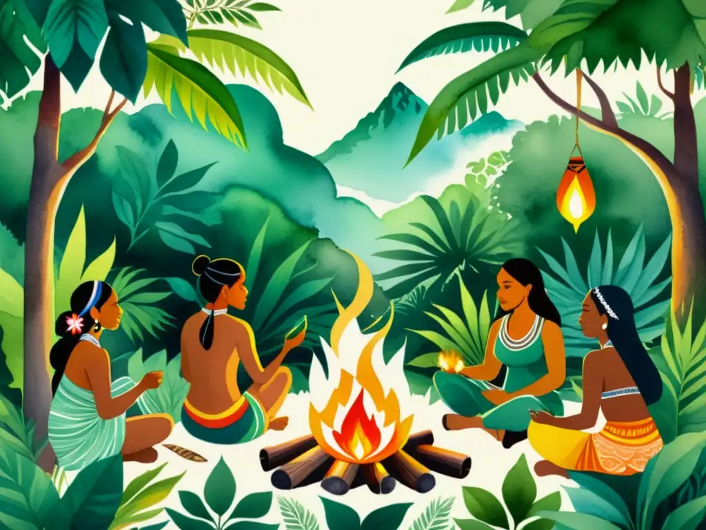 Un grupo diverso de personas indígenas se reúne alrededor de un fuego sagrado en la exuberante selva, intercambiando conocimientos y prácticas de curación tradicionales