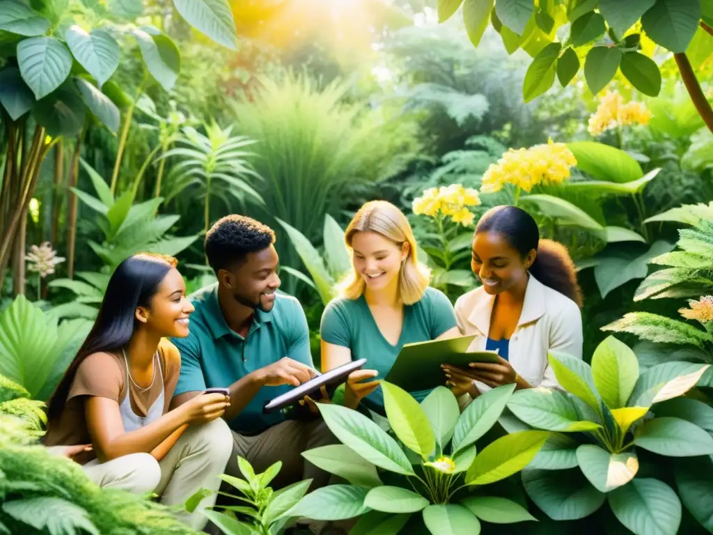 Un grupo de estudiantes diversos y un instructor experto se reúnen en un exuberante jardín botánico rodeado de plantas medicinales florecientes