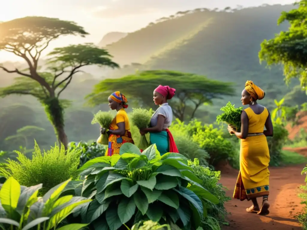 Grupo de mujeres africanas recolectando hierbas en paisaje exuberante