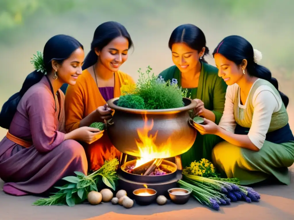 Un grupo de mujeres herbolaria en medicina tradicional preparando hierbas alrededor de un caldero, con un ambiente cálido y sereno