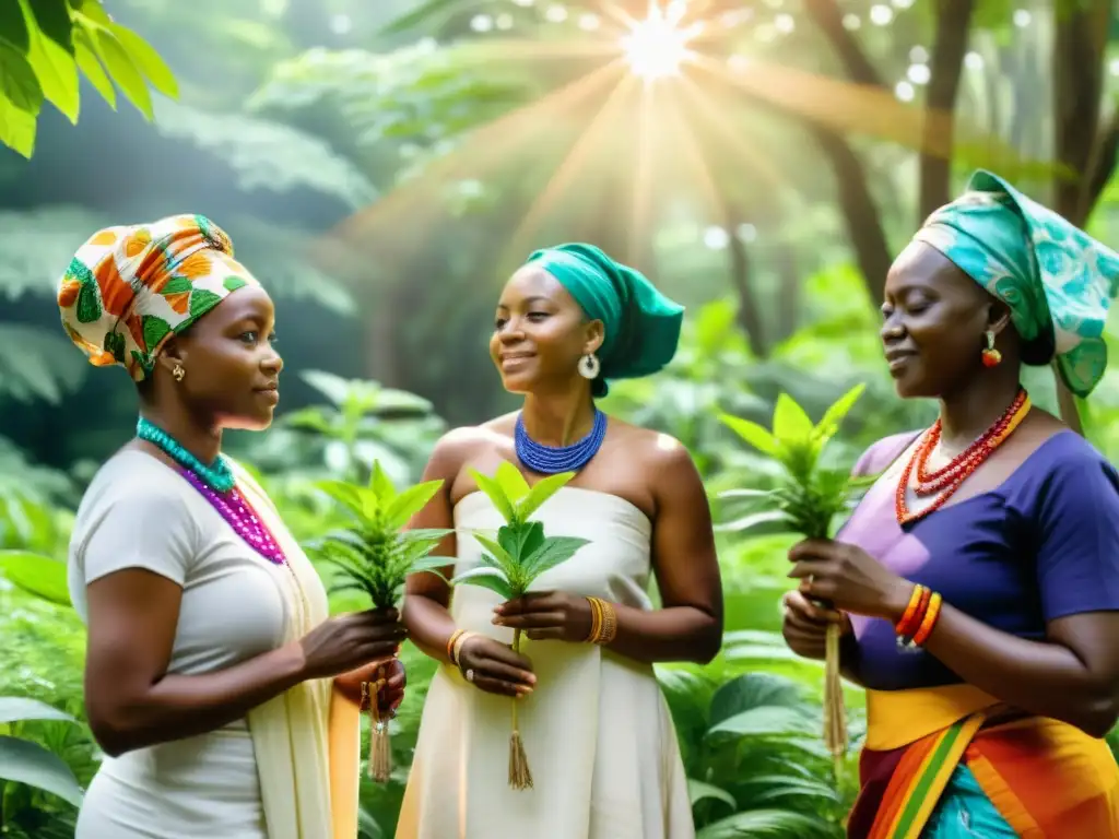 Grupo de mujeres Yoruba en ritual con plantas medicinales en religión Yoruba, rodeadas de exuberante naturaleza y luz filtrada