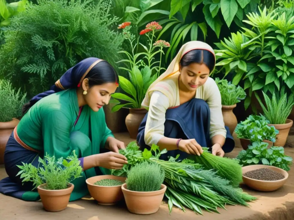 Un grupo de mujeres en trajes tradicionales cuida y preserva hierbas en una pintura detallada de acuarela, exudando conocimiento y tradición herbal