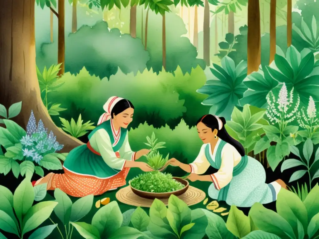 Mujeres recolectando hierbas medicinales en el bosque Grupo de mujeres en trajes tradicionales recolectando hierbas medicinales en un exuberante bosque, celebrando la historia de mujeres en la herbolaria