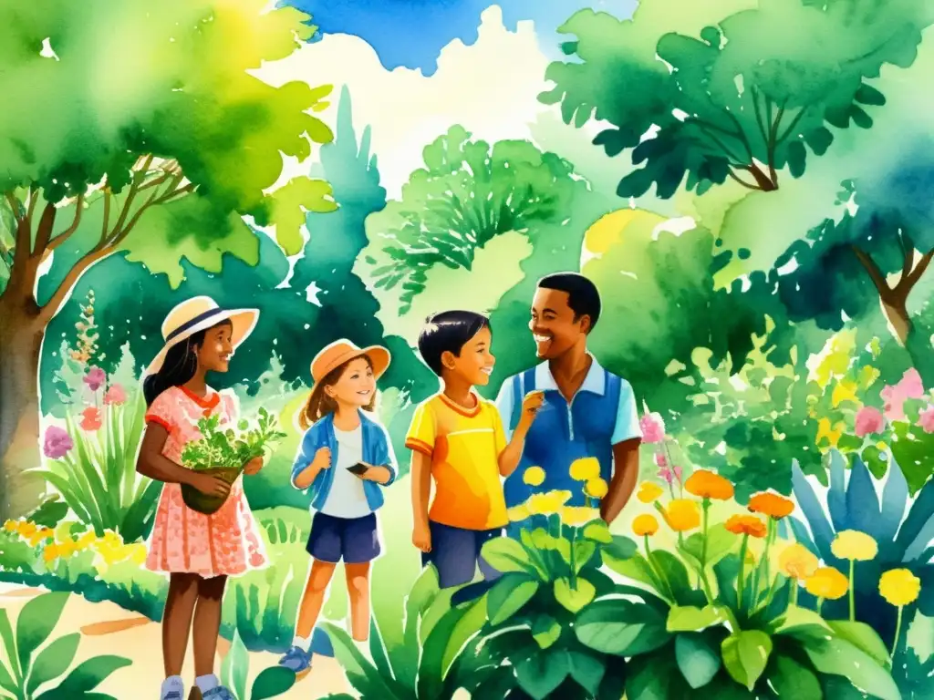 Un grupo de niños explorando un jardín botánico, aprendiendo sobre plantas medicinales en un entorno vibrante y educativo