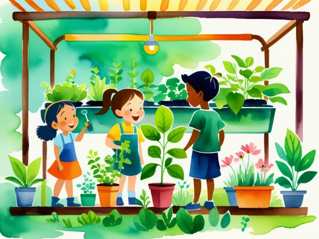 Un grupo de niños cuida con entusiasmo un jardín hidropónico de plantas medicinales en una ilustración acuarela vibrante y cálida