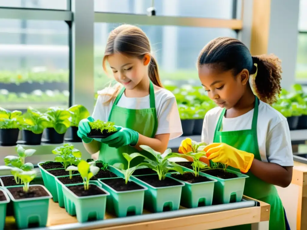 Un grupo de niños disfruta cuidando plantas en cultivo hidropónico de plantas medicinales, con expresiones de asombro y curiosidad