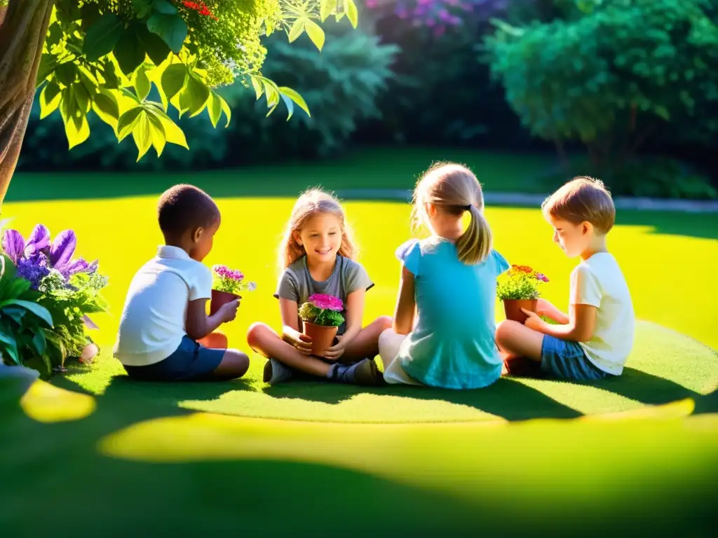 Grupo de niños cuidando plantas medicinales en un jardín exuberante, disfrutando la naturaleza y aprendiendo sobre su cuidado