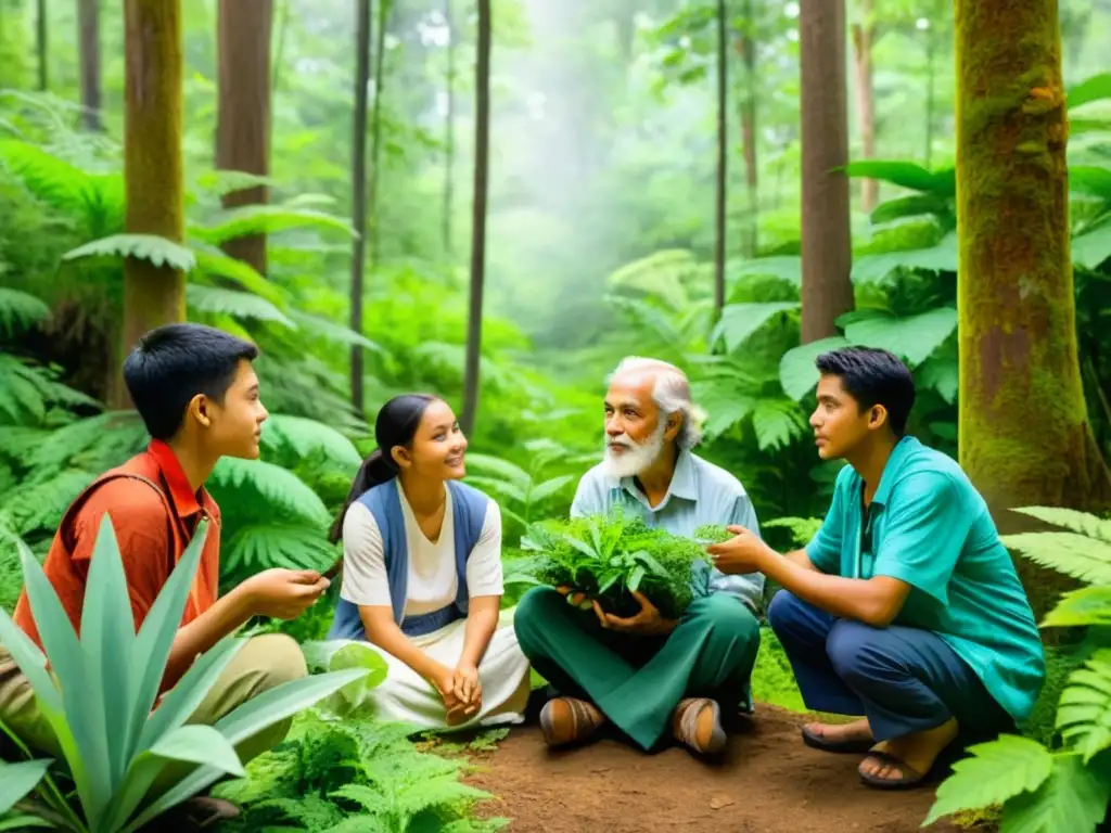 Grupo escucha sabiduría sobre plantas medicinales en el bosque - Revitalización conocimientos etnobotánicos plantas medicinales