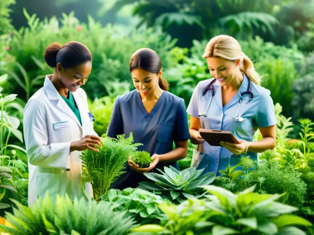 Un grupo de profesionales de la salud en un jardín de hierbas, seleccionando y examinando plantas medicinales