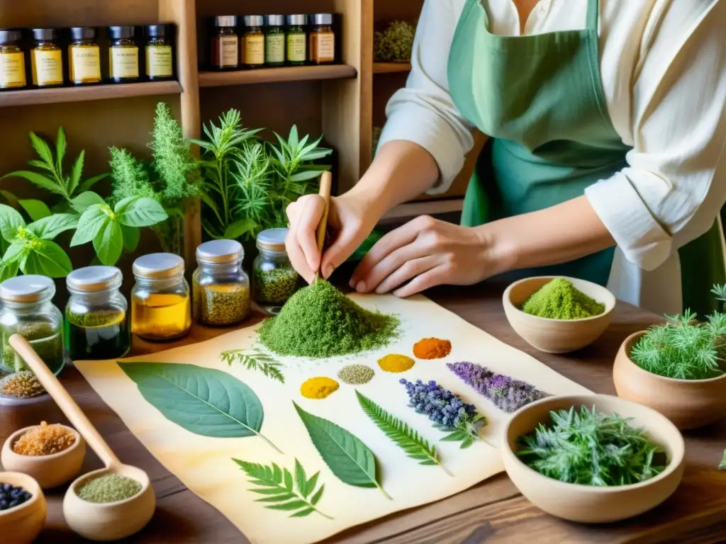 Un hábil herborista prepara con cuidado y destreza una variedad de plantas medicinales frescas en un entorno rústico iluminado por el sol