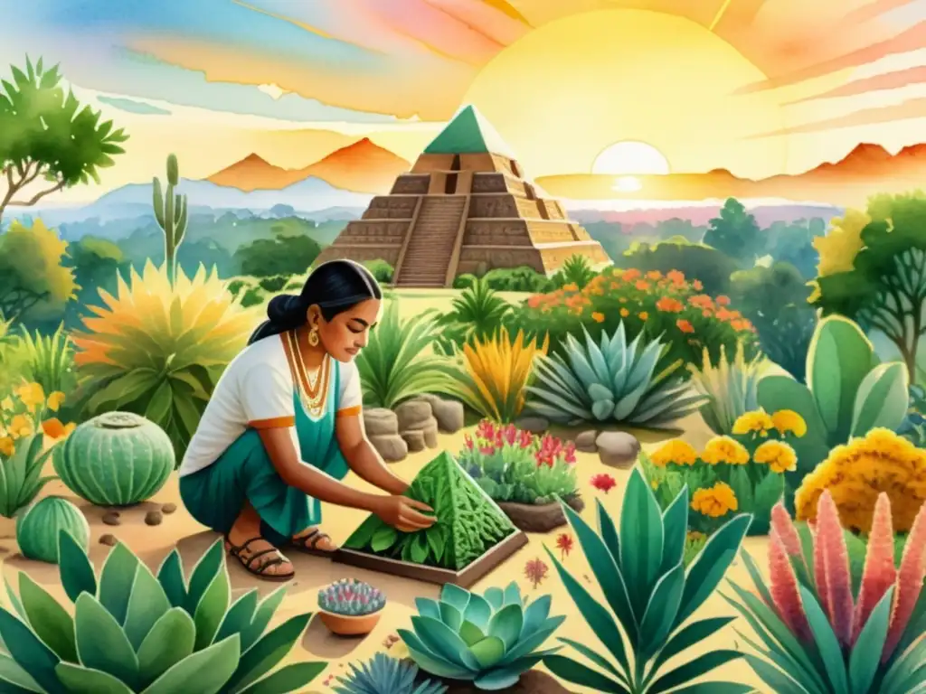 Un herbalista azteca selecciona plantas medicinales en un exuberante jardín al atardecer, cerca de una pirámide