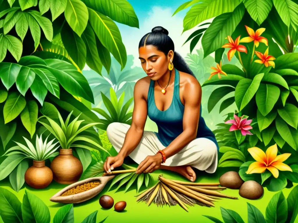 Un herbalista Taino selecciona y prepara raíces de jengibre entre exuberante vegetación y flores tropicales, transmitiendo sabiduría antigua y curación natural