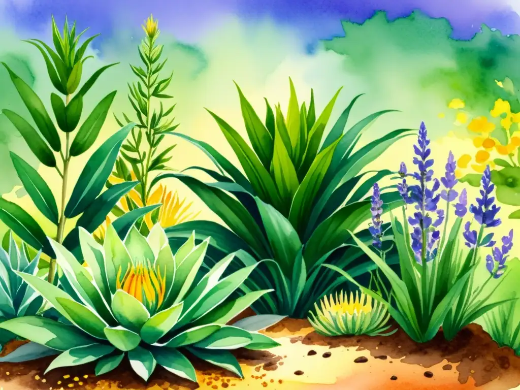 Un jardín herbario exuberante y detallado con plantas medicinales como áloe vera, árbol de té, lavanda y caléndula