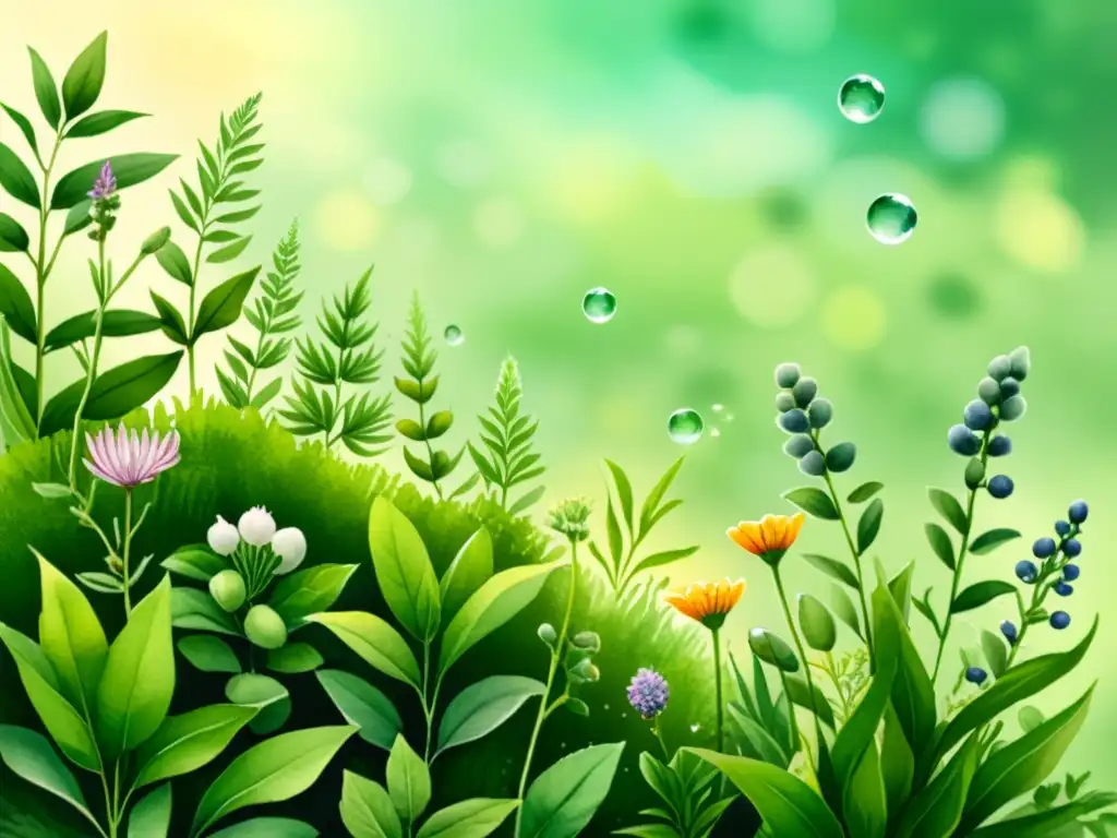 Jardín herbal sereno con cápsulas abiertas y flores vibrantes Un jardín herbario sereno con cápsulas herbales terapéuticas rodeadas de hojas verdes y flores vibrantes, bañado por la luz del sol