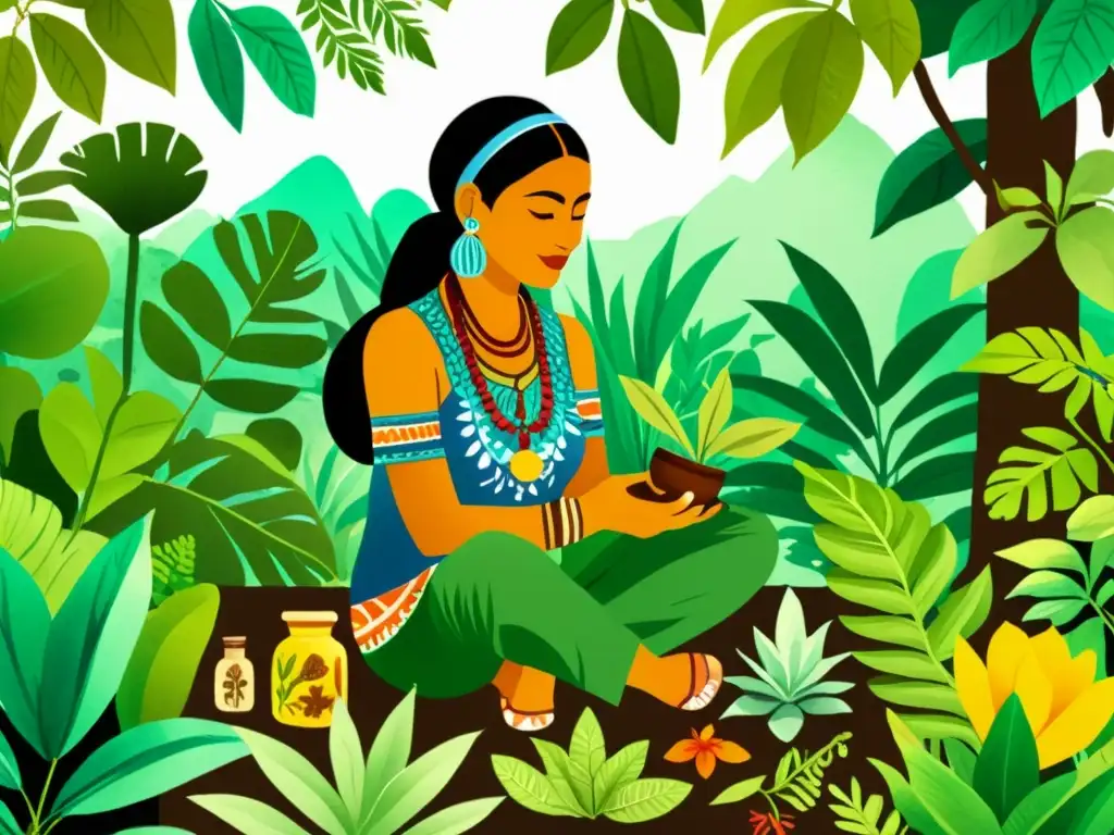 Herbolaria en la civilización maya: ilustración detallada de un herbolario maya recolectando plantas medicinales en la exuberante selva