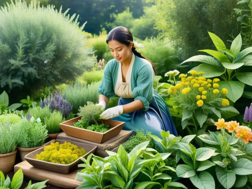 Un herbolario cuidadoso y experto cultiva plantas medicinales en un jardín exuberante, evocando la historia del cultivo de plantas medicinales