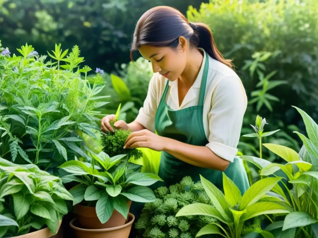 Un herbolario experto cuida con cariño plantas medicinales en un jardín soleado, reflejando buenas prácticas de cultivo