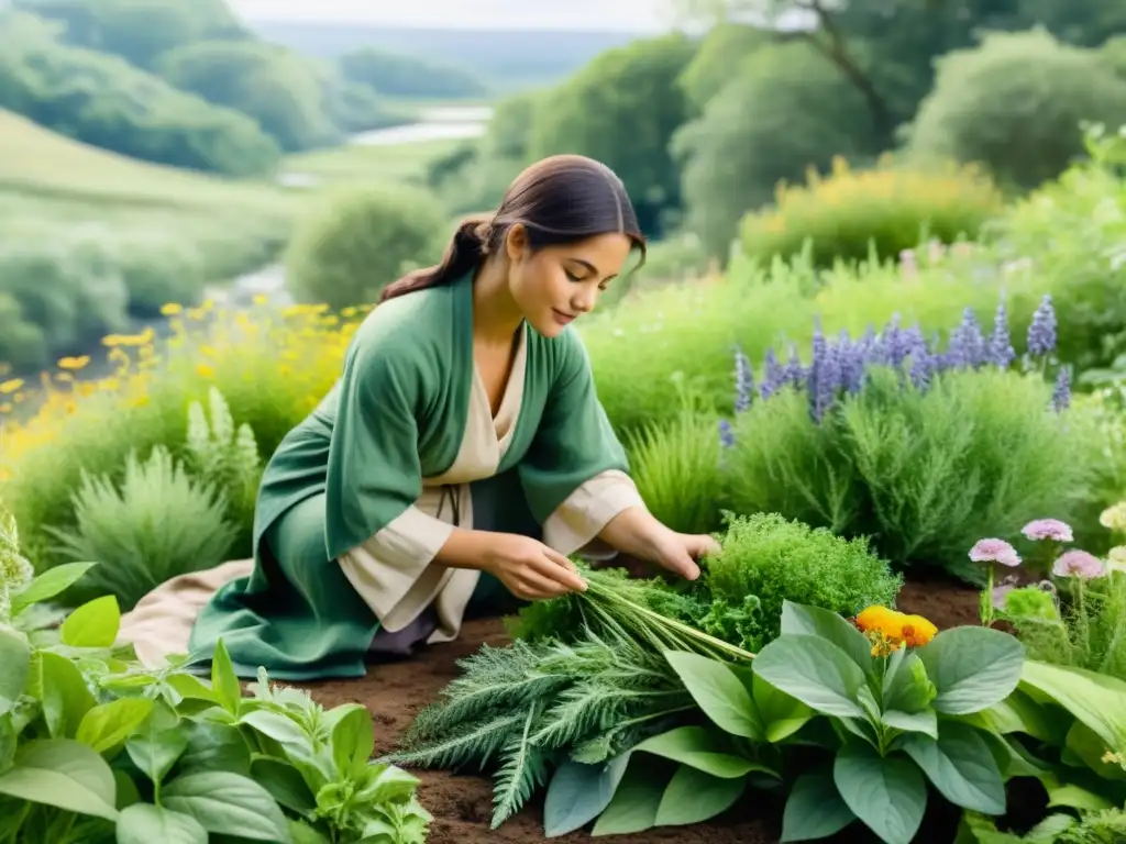 Un herbolario selecciona hierbas en un jardín mientras irradia sabiduría ancestral