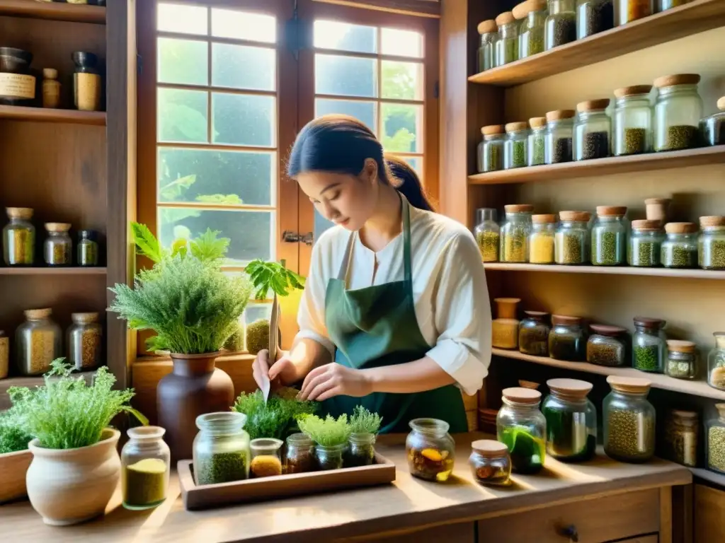 Un herbolario selecciona y prepara plantas medicinales en un ambiente rústico