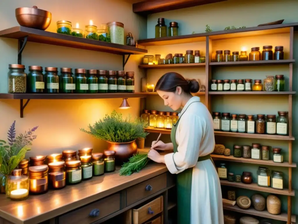 Un herbolario selecciona y prepara plantas medicinales en una apotecaria acogedora y tenue