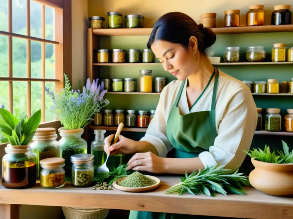 Un herbolario prepara remedios con plantas medicinales en un taller soleado y rústico para aplicaciones externas