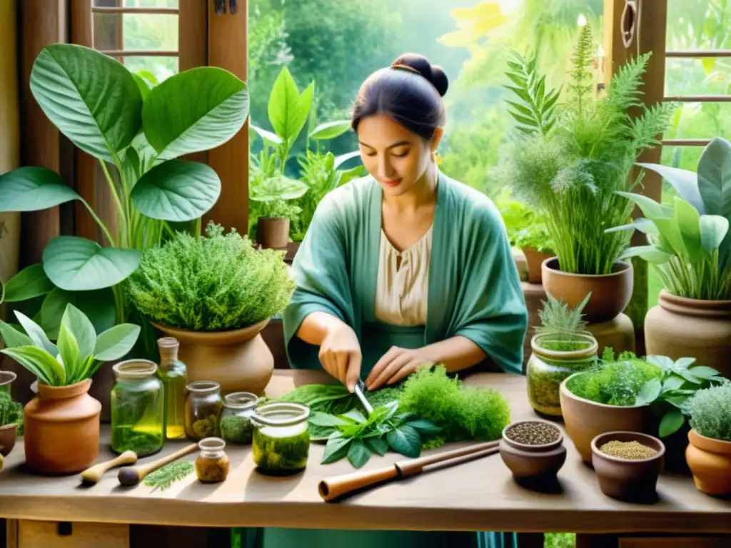 Un herborista antiguo selecciona plantas en un jardín exuberante y detallado