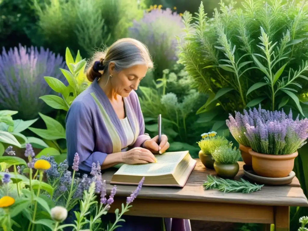 Un herborista antiguo catalogando plantas medicinales en un exuberante jardín, rodeado de flora colorida