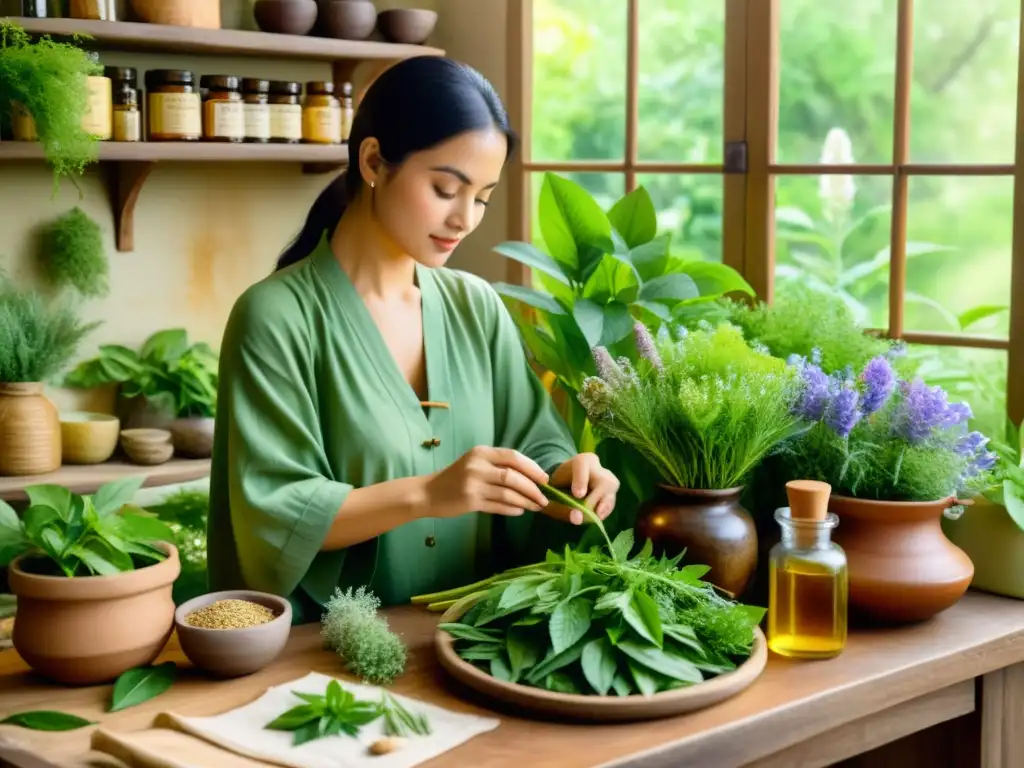 Un herborista prepara bebidas tradicionales elaboradas con plantas medicinales en una ilustración detallada y serena de acuarela