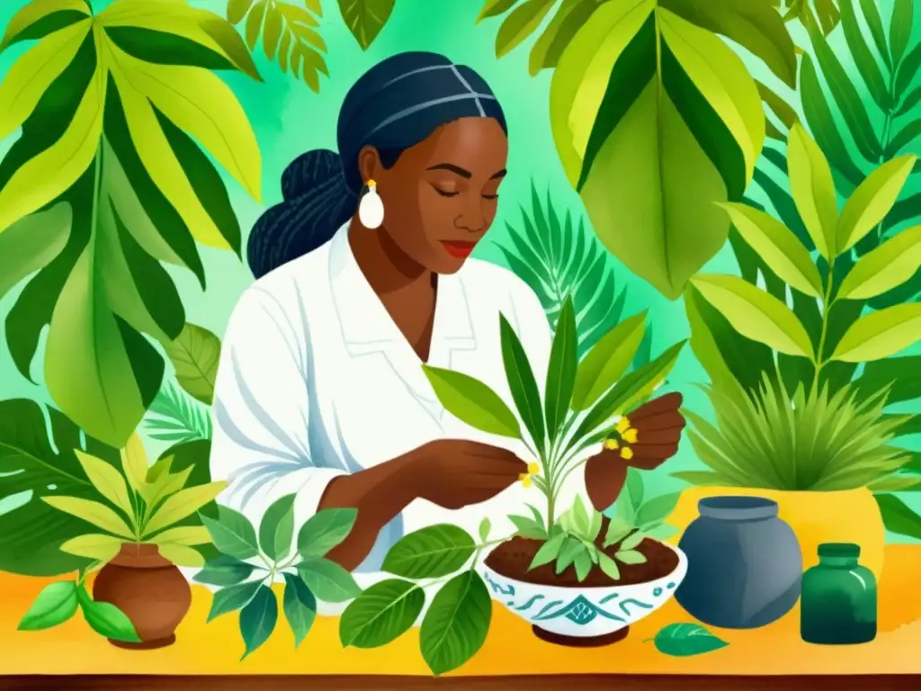 Un herborista caribeño selecciona plantas medicinales entre exuberante follaje tropical, reflejando la medicina caribeña herbolaria con sabiduría ancestral