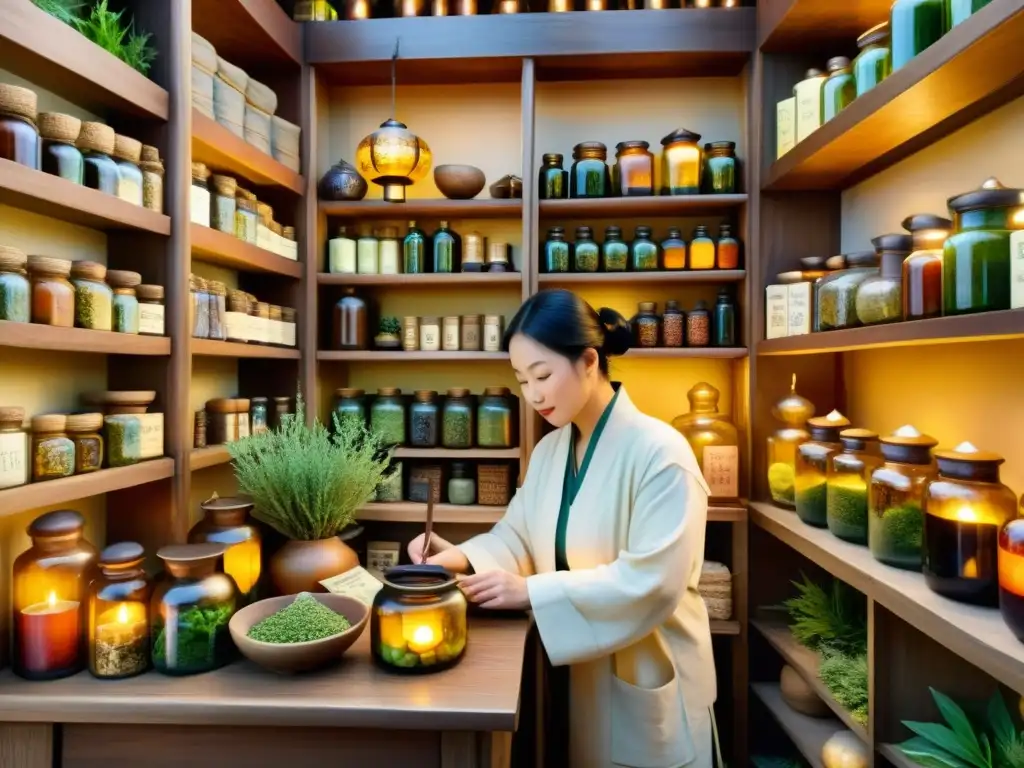 Un herborista experto crea medicina en una antigua botica china, rodeado de plantas medicinales