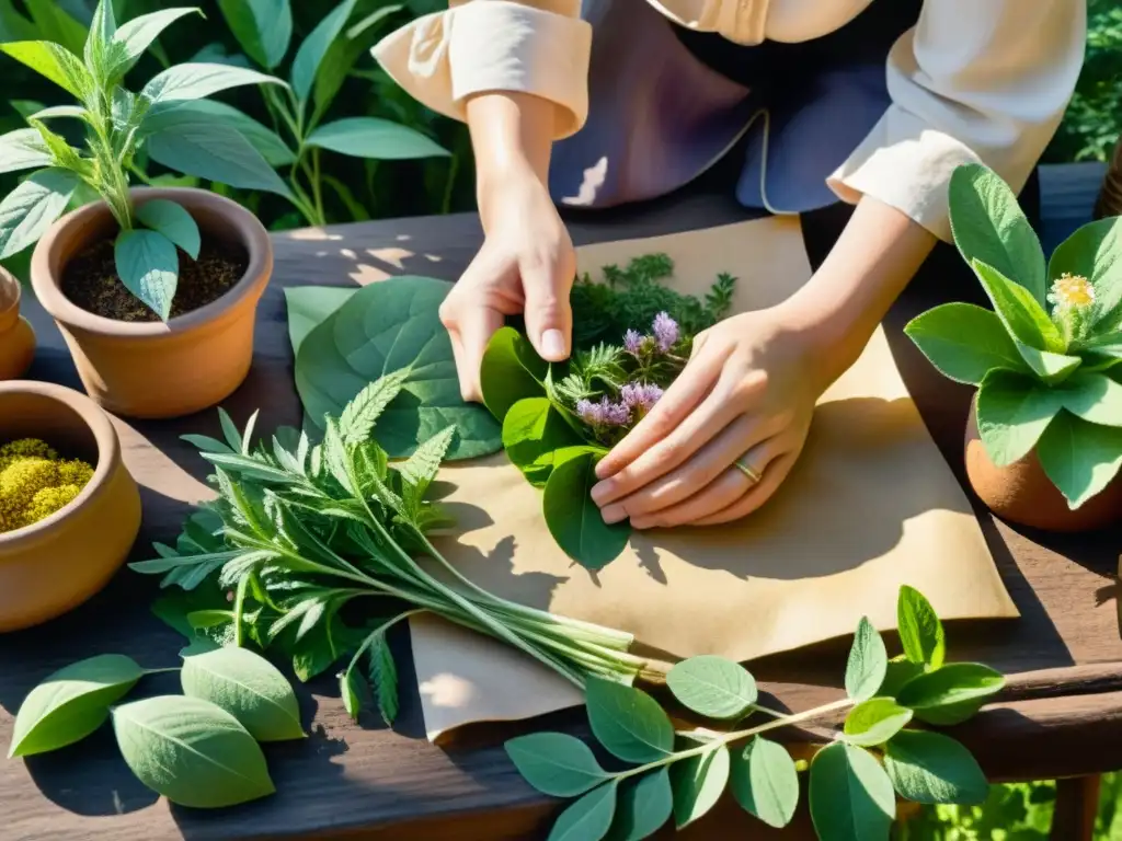 Un herborista selecciona hierbas entre exuberante vegetación