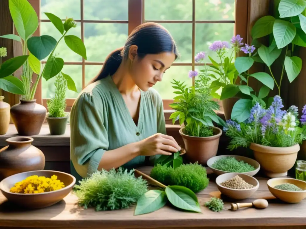 Un herborista selecciona y prepara plantas medicinales en armonía con la naturaleza