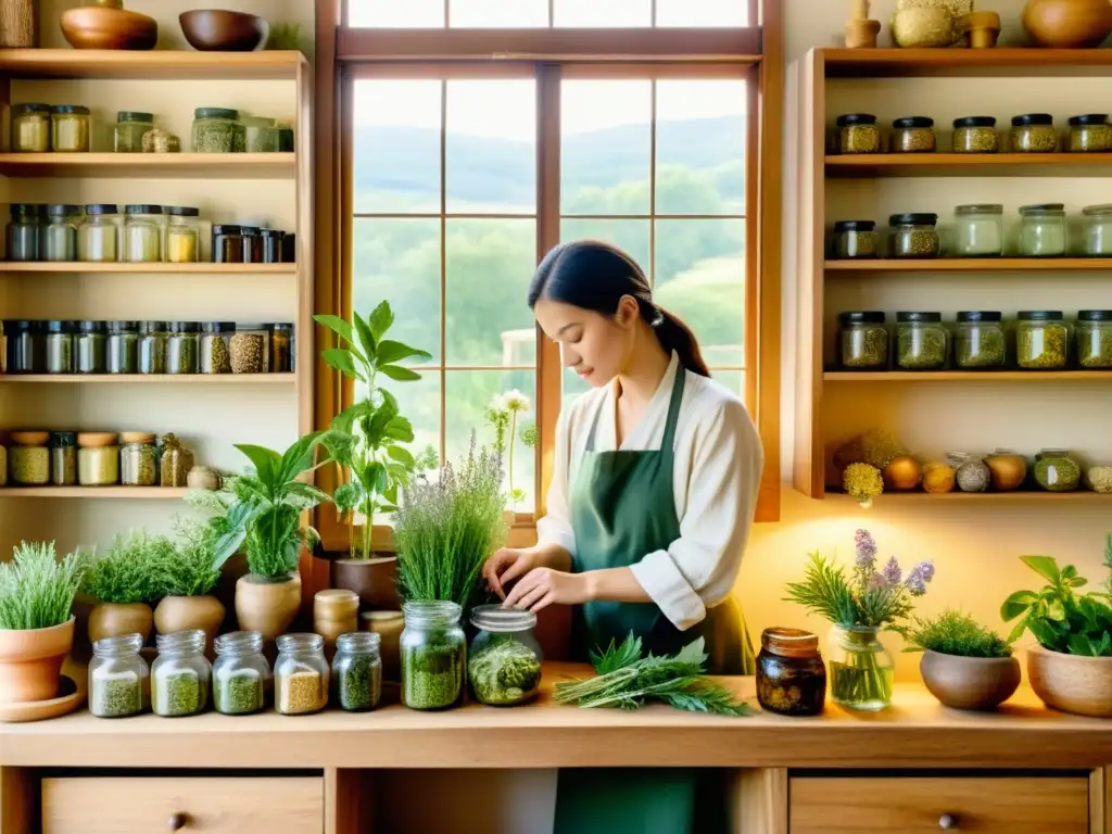 Un herborista selecciona y prepara plantas medicinales, rodeado de estantes con frascos y botánica, en una ilustración de acuarela detallada y serena