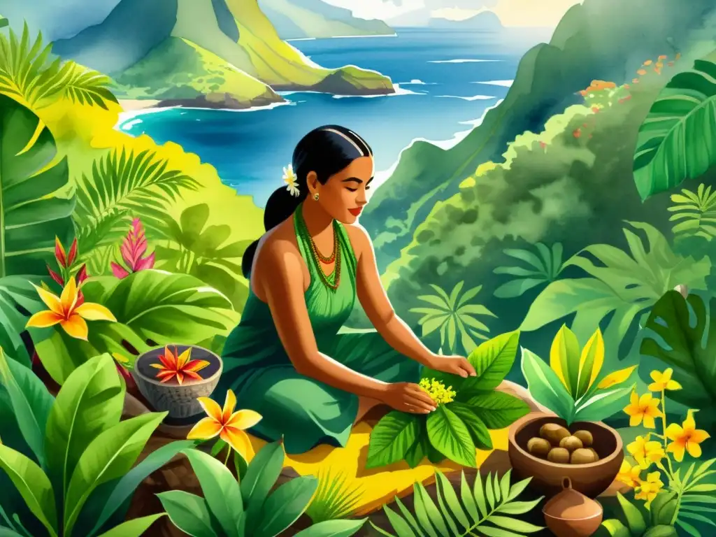Un herborista polinesio recoge plantas medicinales en la exuberante montaña, mostrando la rica diversidad botánica de Polinesia