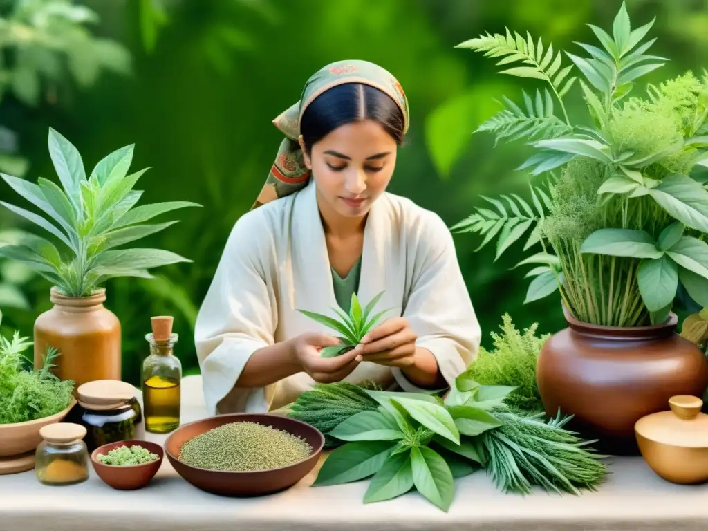 Un herborista tradicional rodeado de plantas medicinales selecciona y prepara cuidadosamente remedios en un jardín tranquilo y soleado