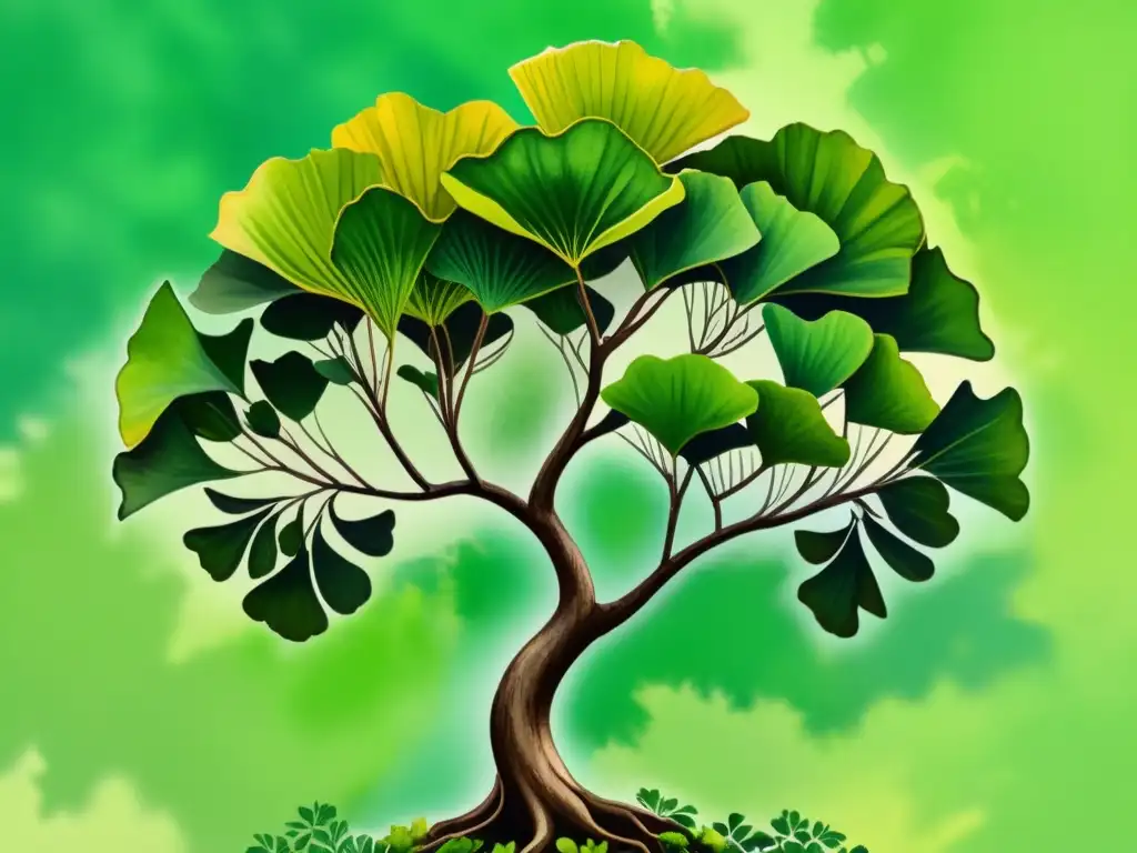 Una hermosa ilustración en acuarela de un árbol de ginkgo biloba con sus hojas verdes vibrantes, en un tranquilo jardín chino