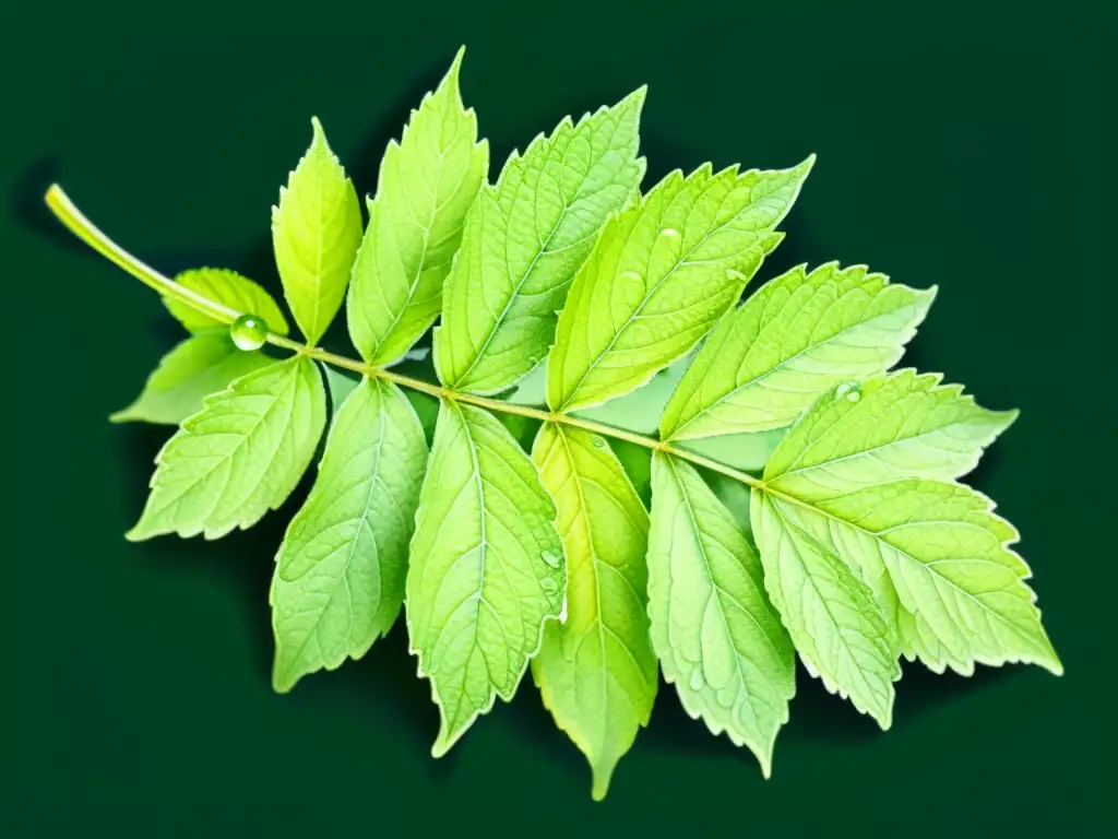 Una hermosa ilustración en acuarela detallada de una hoja de melisa, con sus intrincadas venas y tonos verdes