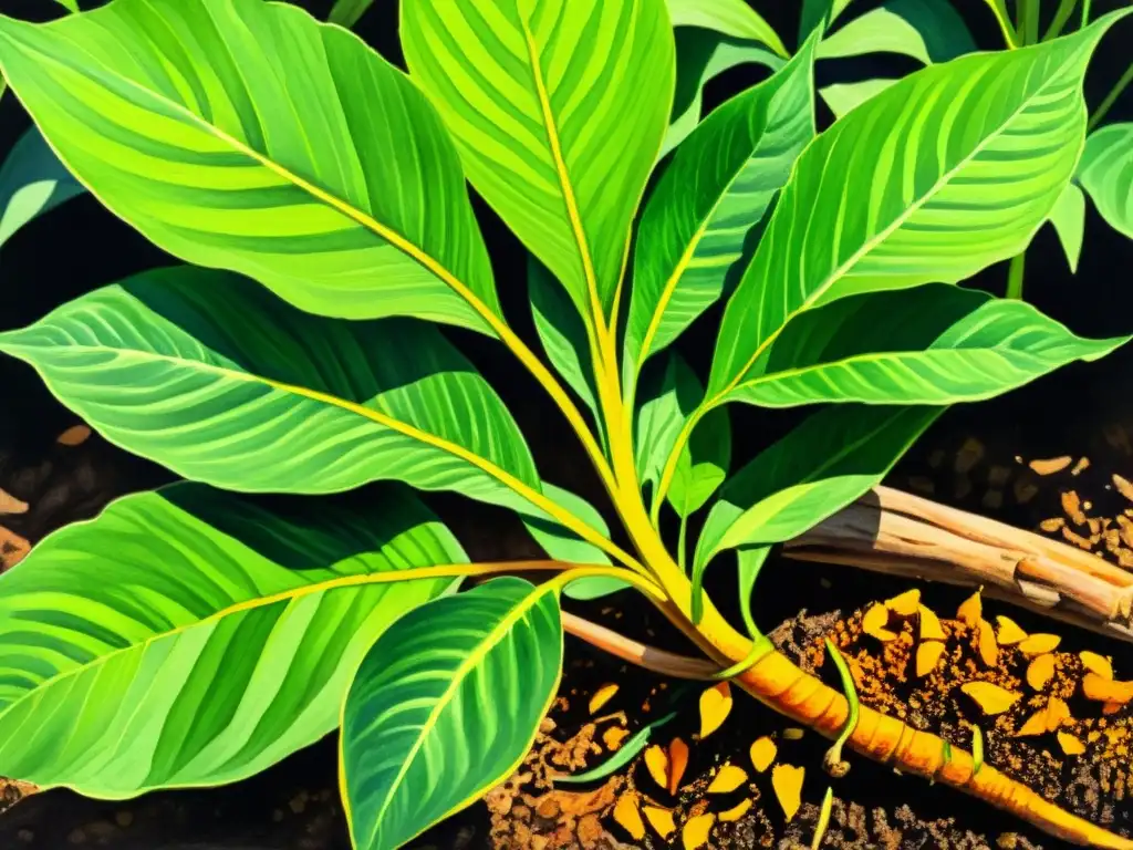 Una hermosa acuarela detallada de una planta de cúrcuma vibrante, con hojas verdes y rizomas anaranjados