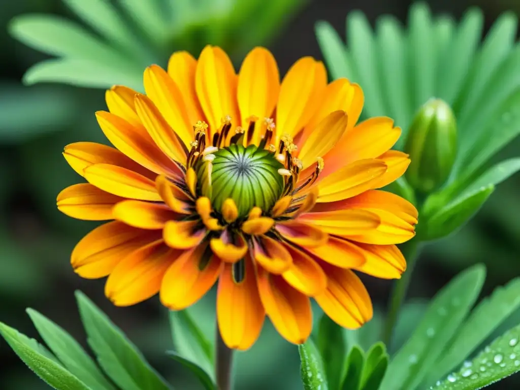 Una hermosa acuarela detallada de una vibrante flor de caléndula naranja, con pétalos delicados y un centro amarillo soleado