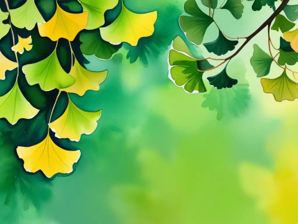 Una hermosa ilustración en acuarela de un exuberante árbol de ginkgo biloba en plena floración, con hojas en tonos verdes y dorados