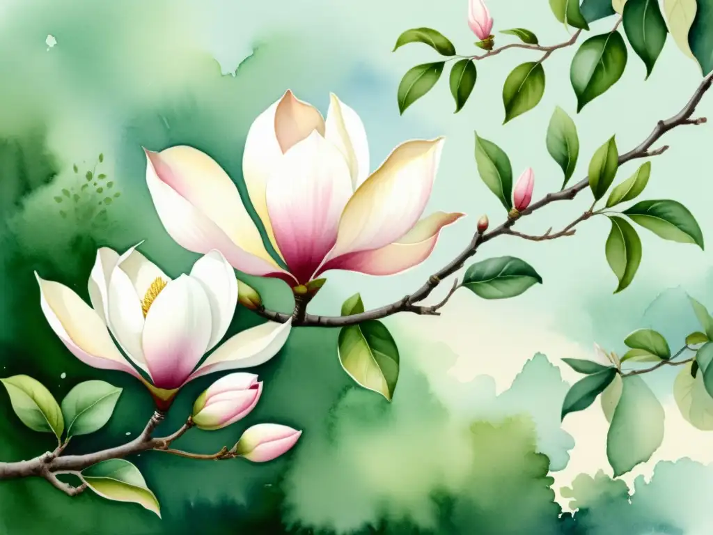 Una hermosa ilustración en acuarela de un exuberante árbol de magnolia en plena floración, con pétalos rosados y blancos