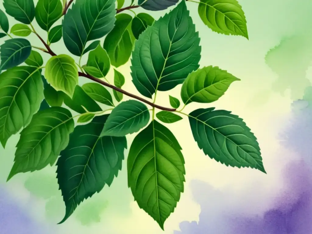 Ilustración acuarela de tulsi: serenidad natural Una hermosa ilustración en acuarela de una exuberante planta de albahaca sagrada con flores moradas y hojas verdes vibrantes, en un jardín tranquilo