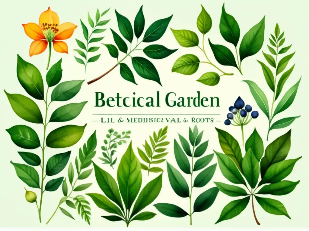 Una hermosa ilustración en acuarela de un exuberante jardín botánico con una variedad de plantas medicinales validadas científicamente