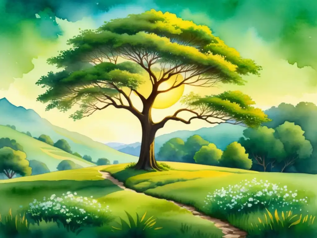 Cuadro acuarela: Tilá en flor, prado verde Una hermosa acuarela de un frondoso árbol de tilo en un prado vibrante, con flores blancas de tilo
