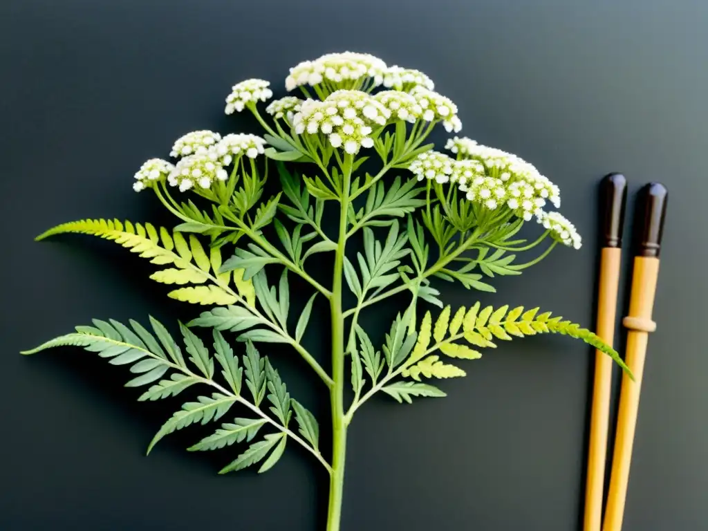 Una hermosa acuarela de milenrama china, con flores blancas y hojas detalladas, rodeada de hierbas y herramientas de la medicina tradicional china